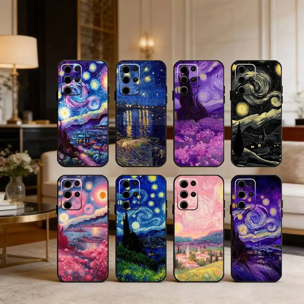 

V-Van G-Gogh The Starry Night Phone Case For Samsung S25,24,23,22,30,21,10,9,Ultra,Plus,FE 5G Black Soft Case