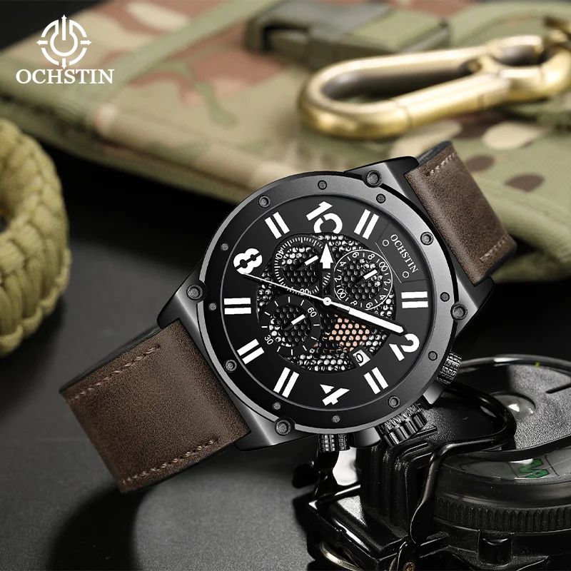 

OCHSTIN мужские хронограф со светящейся стрелкой, кварцевые многофункциональные часы с механизмом, водонепроницаемые часы, мужские наручные часы с кожаным ремешком