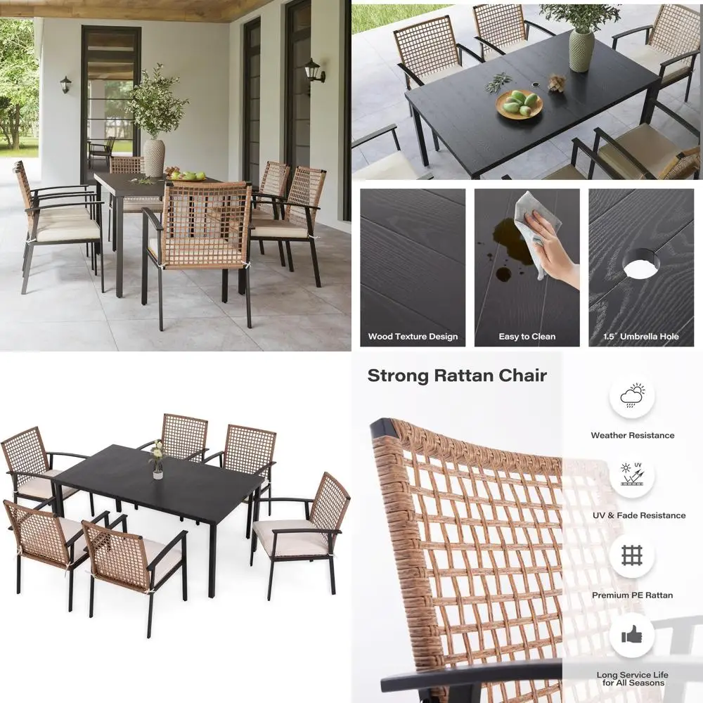 

7-местный обеденный комплект для патио: 6 стульев с подушками, стол с железными планками, отверстие для зонта, для использования на открытом воздухе, во дворе, саду, у бассейна.