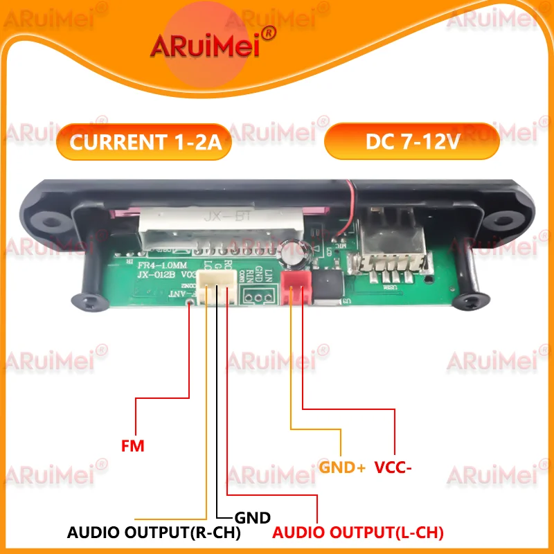 ​Bluetooth Audio Amplifier Board for Car Stereo - MP3 WMA APE Decoder with USB TF Card FM Radio Handsfree MIC, DC 7-12V