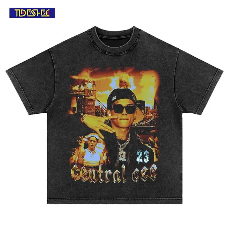 Harajuku Summer Vintage Flame Portrait Printed T-Shirt Hip Hop Washed Black Fashion Streetwear Oversized Cotton Leisure Tshirt