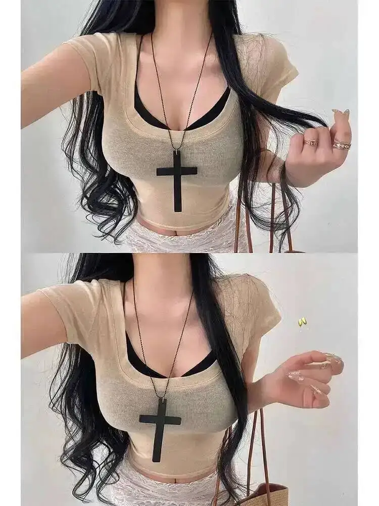Pure Desire Sexy U-neck Slim Slimming Solid Color Micro Transparent Short Sleeved T-shirt Top Tees Fashion Women Tops AK5T