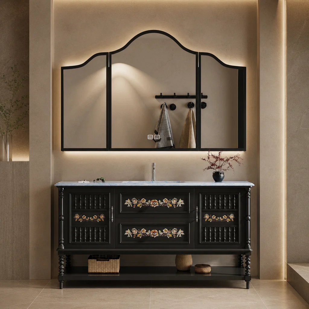 A-*French Vintage Solid Wood Bathroom Vanity with Painted Floral Pattern, Luxury Stone Ceramic Sink LED Mirror Option for Hotel.