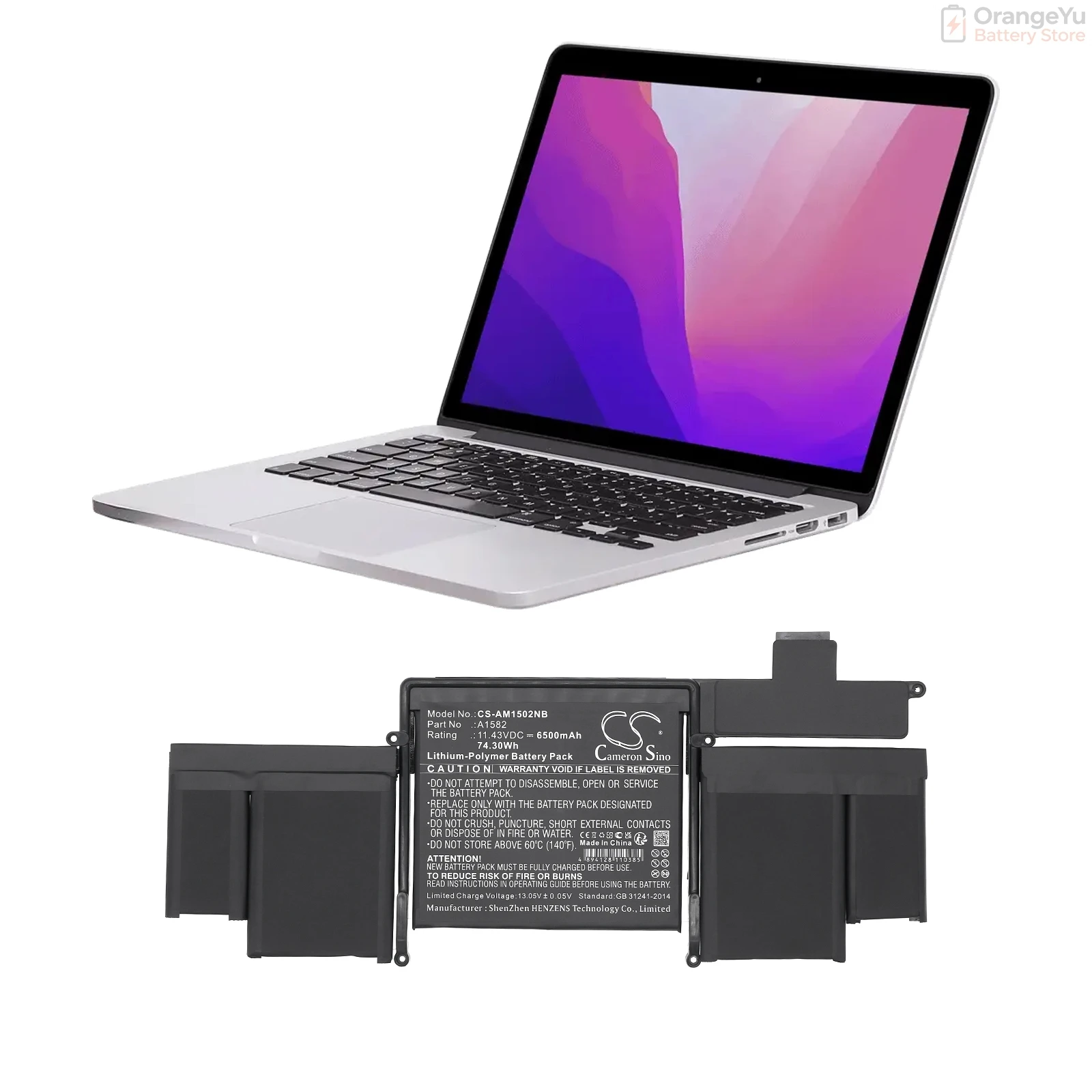 Replacement 11.43V 6500mAh Laptop Battery for Apple A1582 A1502 MacBook A1502 battery(2015 version) Macbook Pro 13