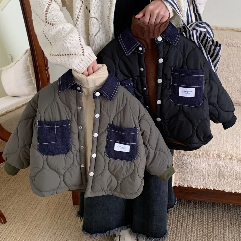 

2025 Autumn Winter Chirldren Kid Boy Girl Cotton Jacket Denim Collar Warm Thick Coat Clothes Baby Toddler 3-10 Years Outfit