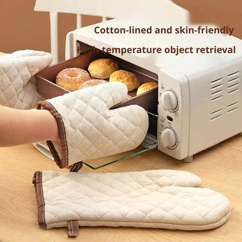 Heat Resistant Oven Gloves Extra Long Thick Cotton Linen Non-Slip Insulated Mitts for Oven, Microwave, Baking & Kitchen