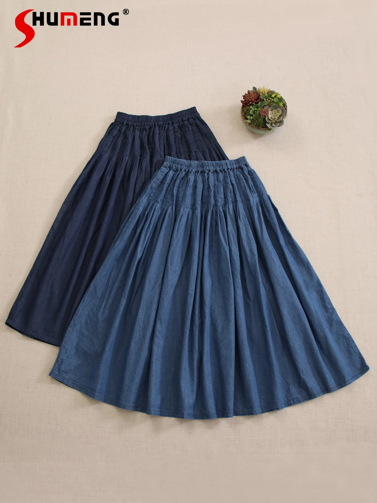 

Japanese Mori Girl Retro Literary Casual Denim Skirt Loose Versatile Elastic High Waist Drawstring A-line Long Skirts For Women