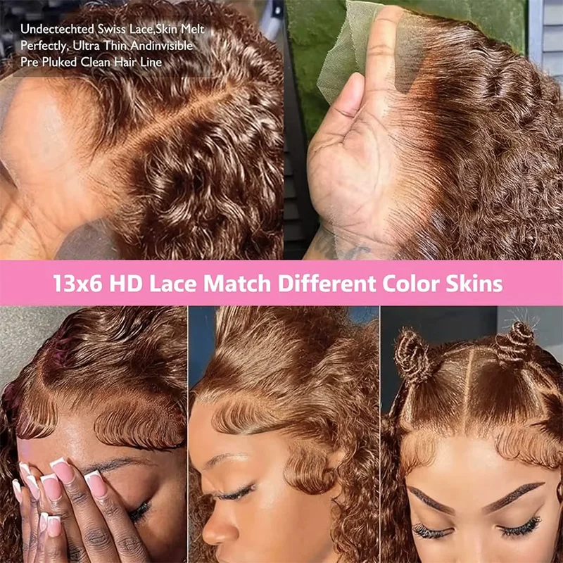 Chocolate Brown Colored 220% Density 36 Inch Chocolate Brown 13x6 13x4 HD Transparent Lace Front Wigs Human Hair Curly Deep Wave Brazilian Transparent Lace Frontal Wig For Women Human Hair #4 Colored Wigs Pre-Plucked Prebleached view 5