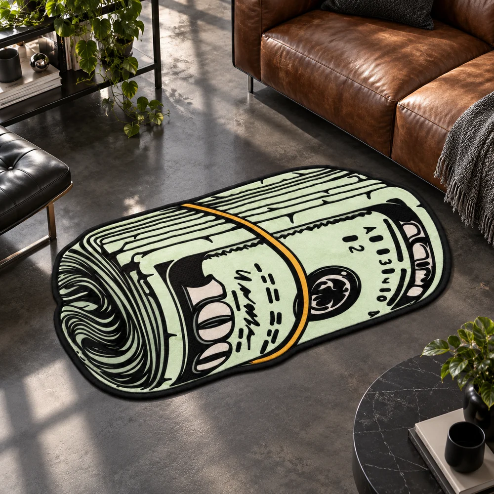 Rolled Money Bill Shaped Area Rug Soft Flannel Non Slip Floor Mat For Office Game Room Bedroom Home Decor Cool Novelty Gift