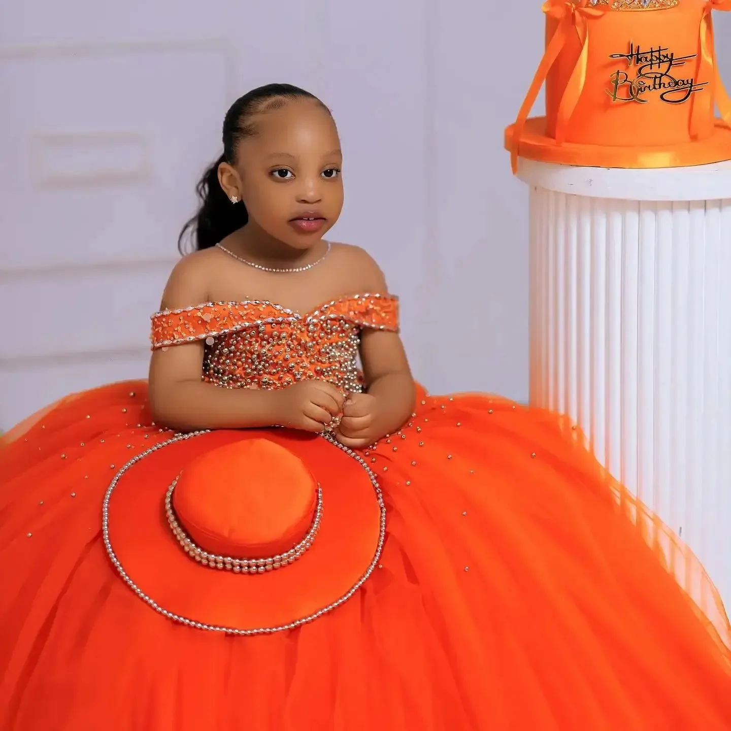 فساتين فتاة الزهور البرتقالية لحفلات الزفاف كريستال الأميرة فستاين سهرة/فساتين الحفلات لالتقاط الصور طفلة عيد ميلاد الكرة أثواب مخصصة #2