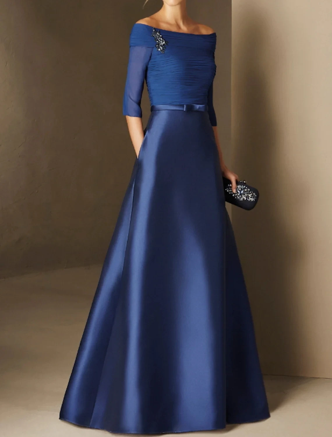 Robe de Soirée Trapèze en Satin Froncé pour Femme, Tenue de Bal Formelle, Manches Mi-sulf, Bleu Marine, 2025