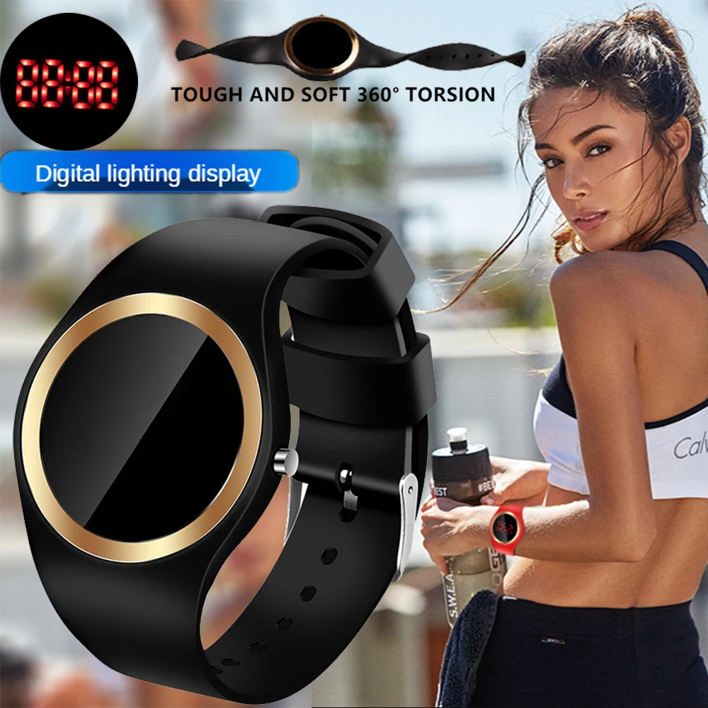 Women Digital Watch Silicone Girl Watch Personality Round Electronic Clock Waterproof Travel Outdoor Sports Digital Wristband