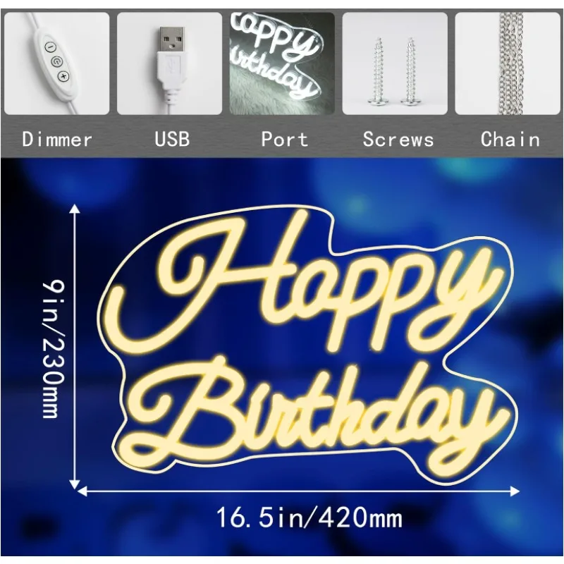 Imagem -02 - Feliz Aniversário Neon Sign para Crianças 16 Polegada Regulável Led Backdrop Decor Reutilizável Led Light up Decoração de Festa para Meninos e Meninas