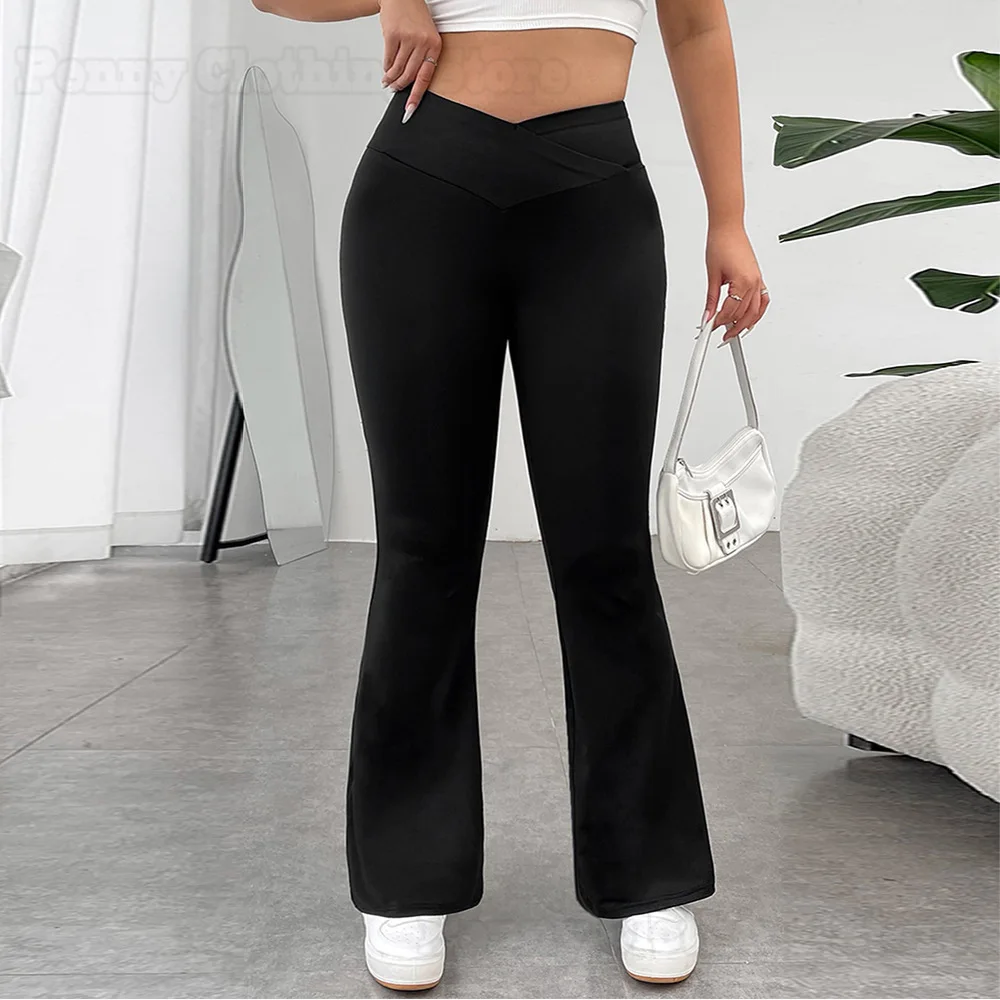 

2024European And American Plus Size Women's Casual Pants High Waist Hip Lift Slimming Bell Bottoms Wide Leg Trousers XL-3XL