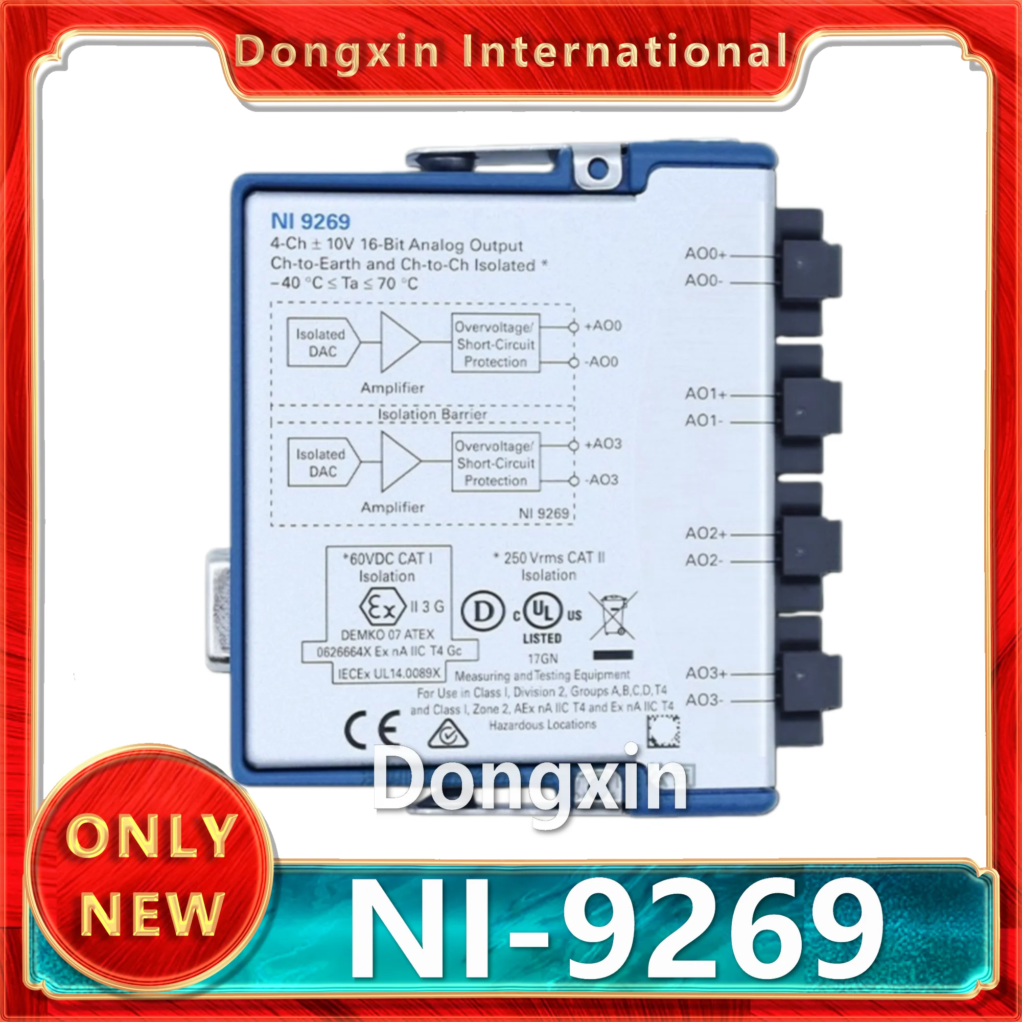 

NI-9269 Синхронный, 100 кС/с/ч, ± 10 В, изолированный 4-канальный модуль вывода напряжения серии C