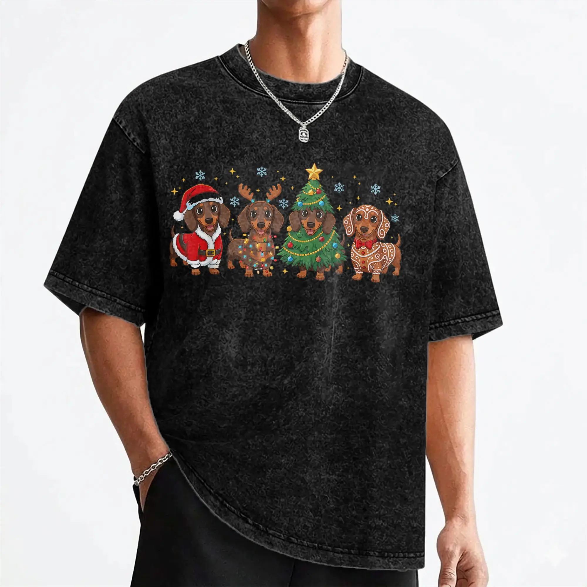 Dachshund Christmas Weiner Dog Holiday T Shirt Washed Cotton Oversize T-Shirts  Vintage Men Women Streetwear Printed Tees