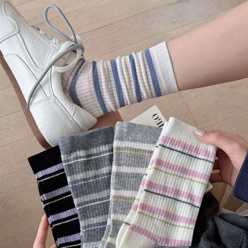 1/5 Paar gestreifte Damen-Socken in Bonbonfarben, Baumwoll-Crew-Socken im Preppy-Stil, Frühling, Sommer, EU 35–41, US 5–10