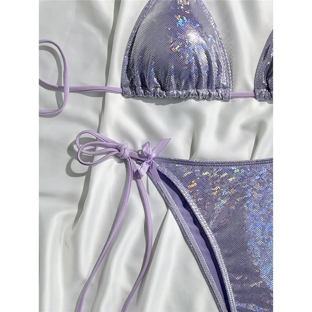 Glitzernder, funkelnder Neckholder-Bikini, Damen-Badebekleidung, zweiteiliger Bikini-Set, Badeanzug mit hohem Beinausschnitt, Badeanzug, Schwimmanzug V7269 – Detail 14