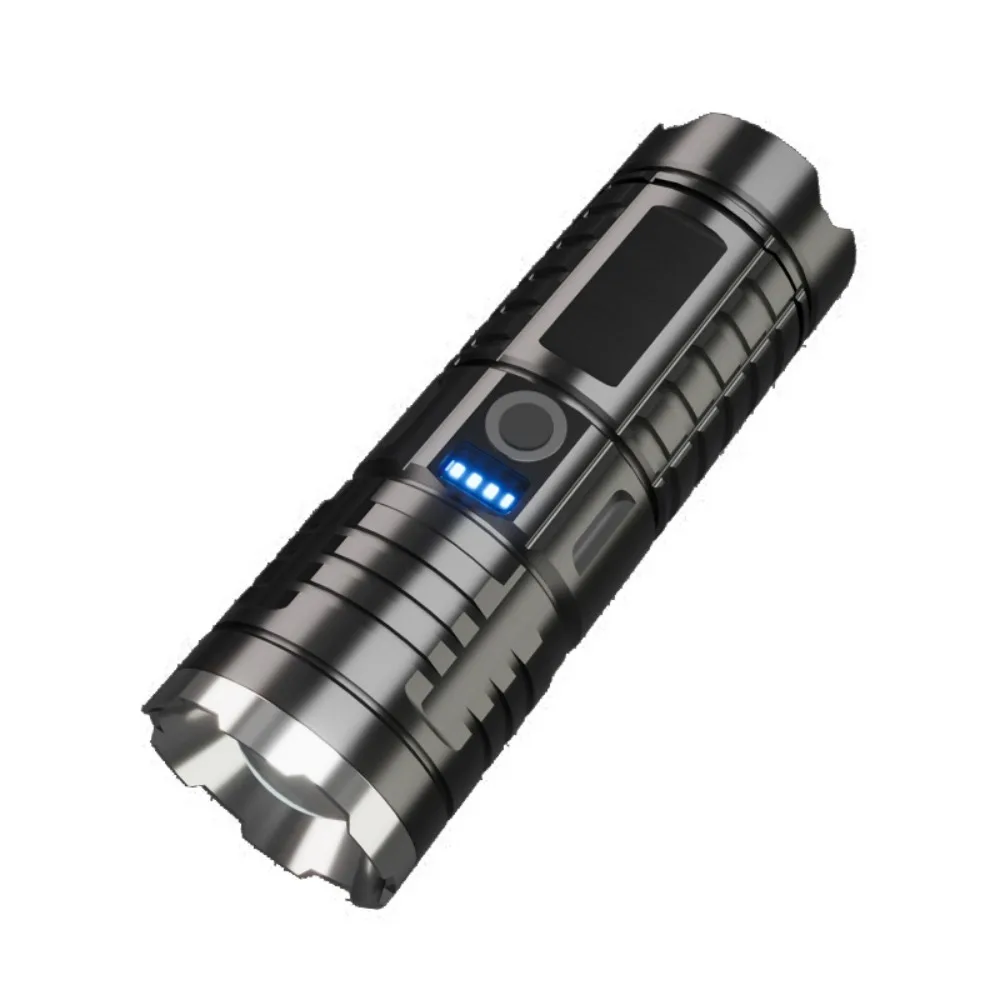 مصباح يدوي فائق السطوع طويل المدى قابل لإعادة الشحن في الهواء الطلق، شعاع عريض قابل للتركيز مع شاشة رقمية ومدفع ليزر