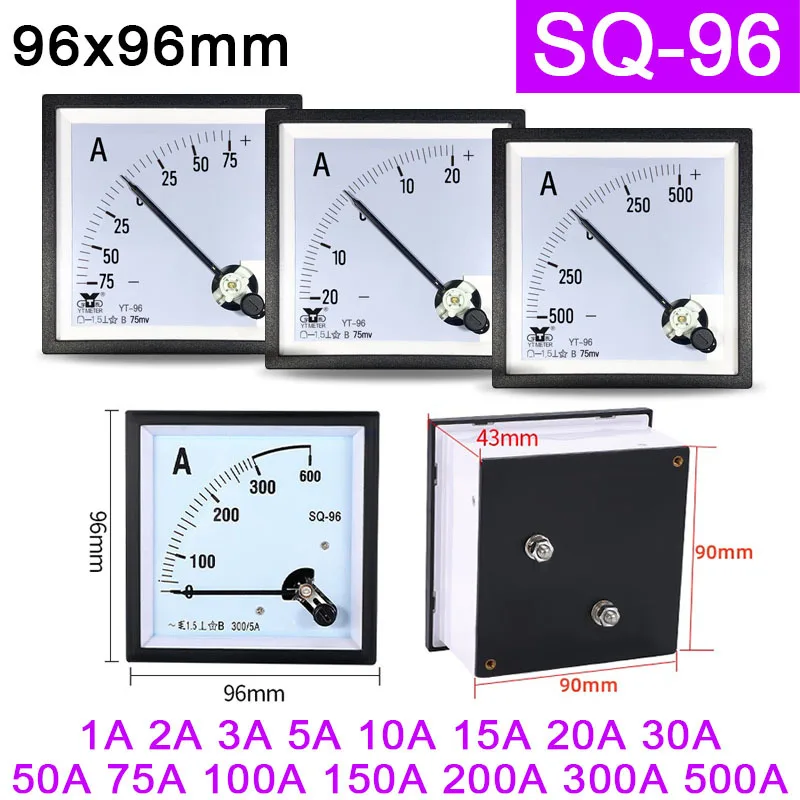 CP96-A SQ96 Pointer Type DC Ammeter, Meter Positive And Negative SQ-96 CP-96  CP96 1A 3A 5A 10A 20A 30A 50A 100A 200A 300A 500A