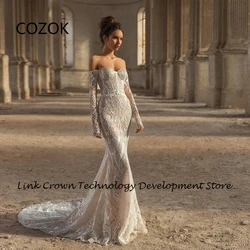 COZOK Off Shoulder Full Sleeve Wedding Dresses for Women Mermaid Lace Bridal Gowns with Zipper Back 2024 Summer Vestidos De