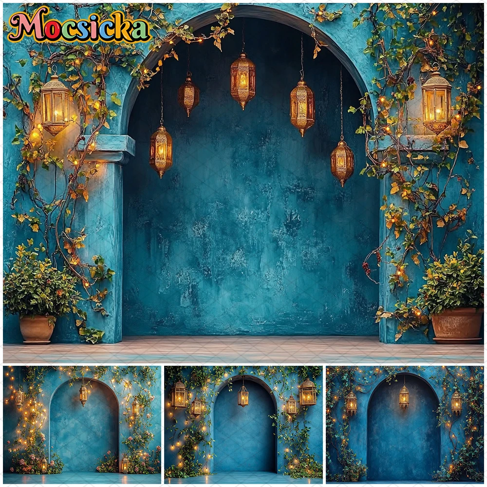 

Mocsicka Blue Abstract Wall Photography Background Birthday Party Leaf Lamps Pattern Decorations Wedding Backdrops Studio Banner