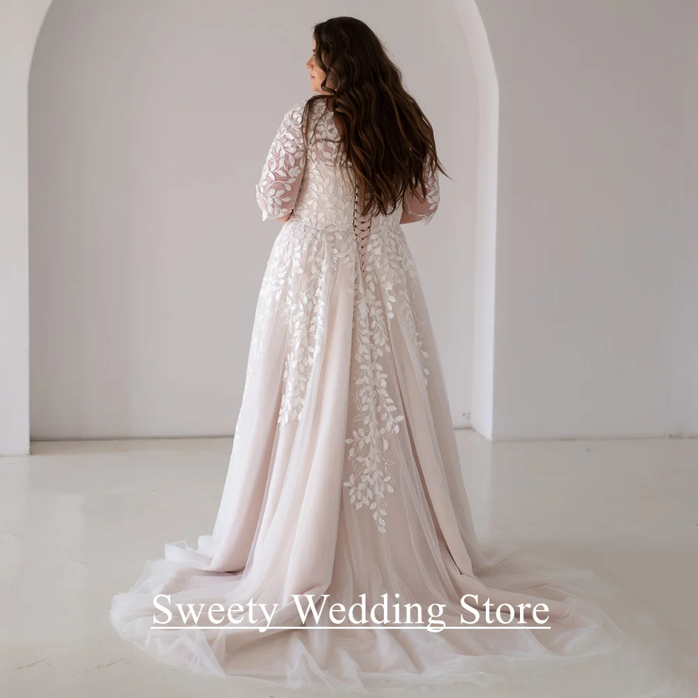 بالإضافة إلى حجم فستان زفاف العروس Vestido De Noiva مخصص نصف الأكمام الخامس الرقبة الدانتيل لينة تول ألف خط مشد فستان زفاف