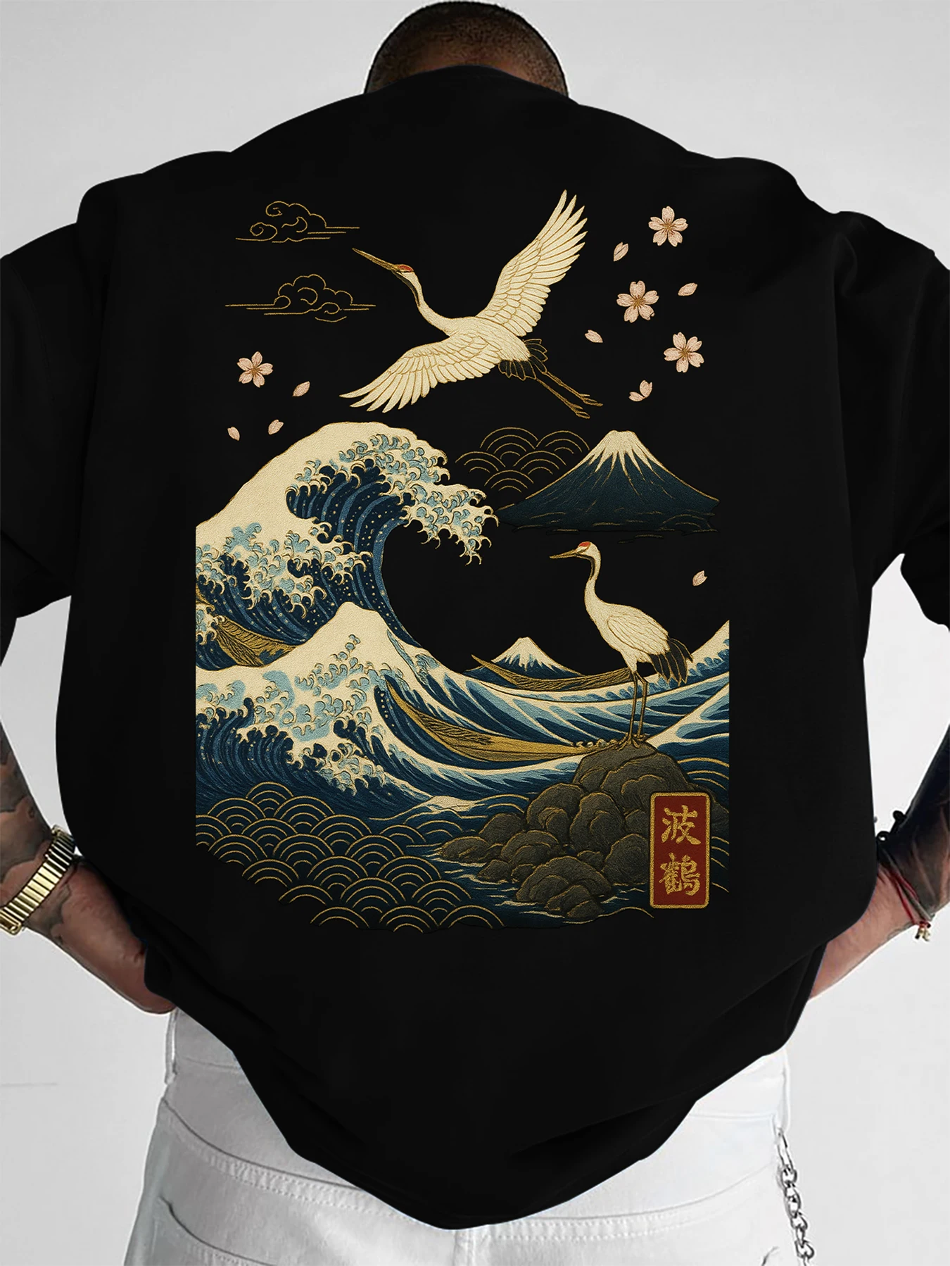 Men's Ukiyo-e Streetwear T-Shirt Japanese Wave Cherry Blossom Crane Print Crew Neck Short Sleeve Polyester Tops S-2XL