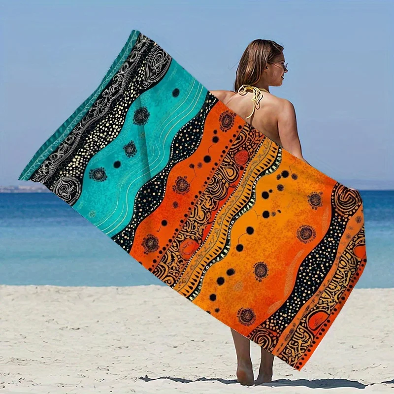 1pc Bohemian Tribal Print Oversized Beach Towel - Super Soft Microfiber, High Absorbency Quick-Dry, Vibrant Orange/Black