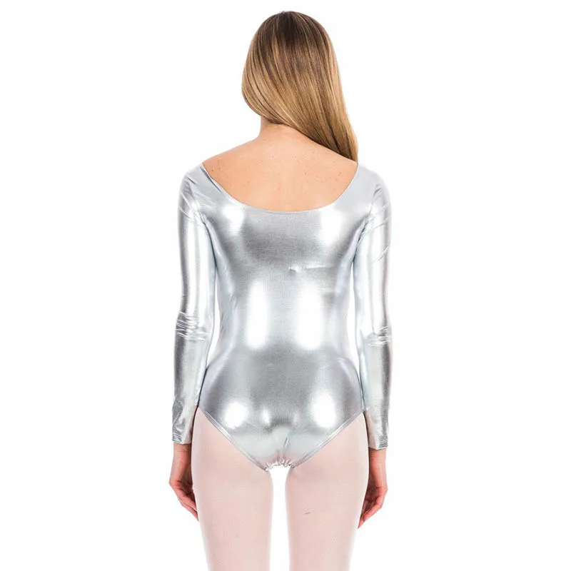 Women Long Sleeve Shiny Metallic Spandex Leotard Gymnastics Bodysuit Scoop Neck One Piece Dancewear Adult Stage Dance Costumes