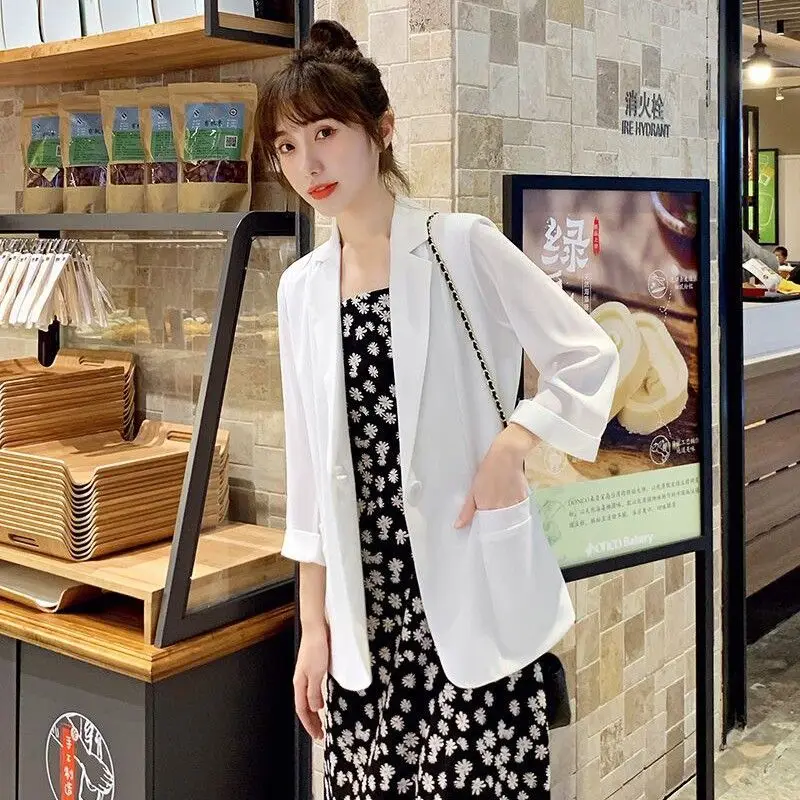 Women 2023 Summer New Small Suit Jacket Korean Temperament Relaxed Casual Sunscreen Top Chiffon Medium Length Solid Color