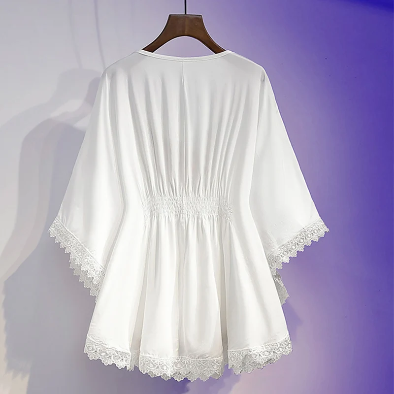 Women's Blouses And Shirts Oversized Women Top Summer New Loose Vintage Lace Tassel Lace Up Blouses Black White Tops For Women