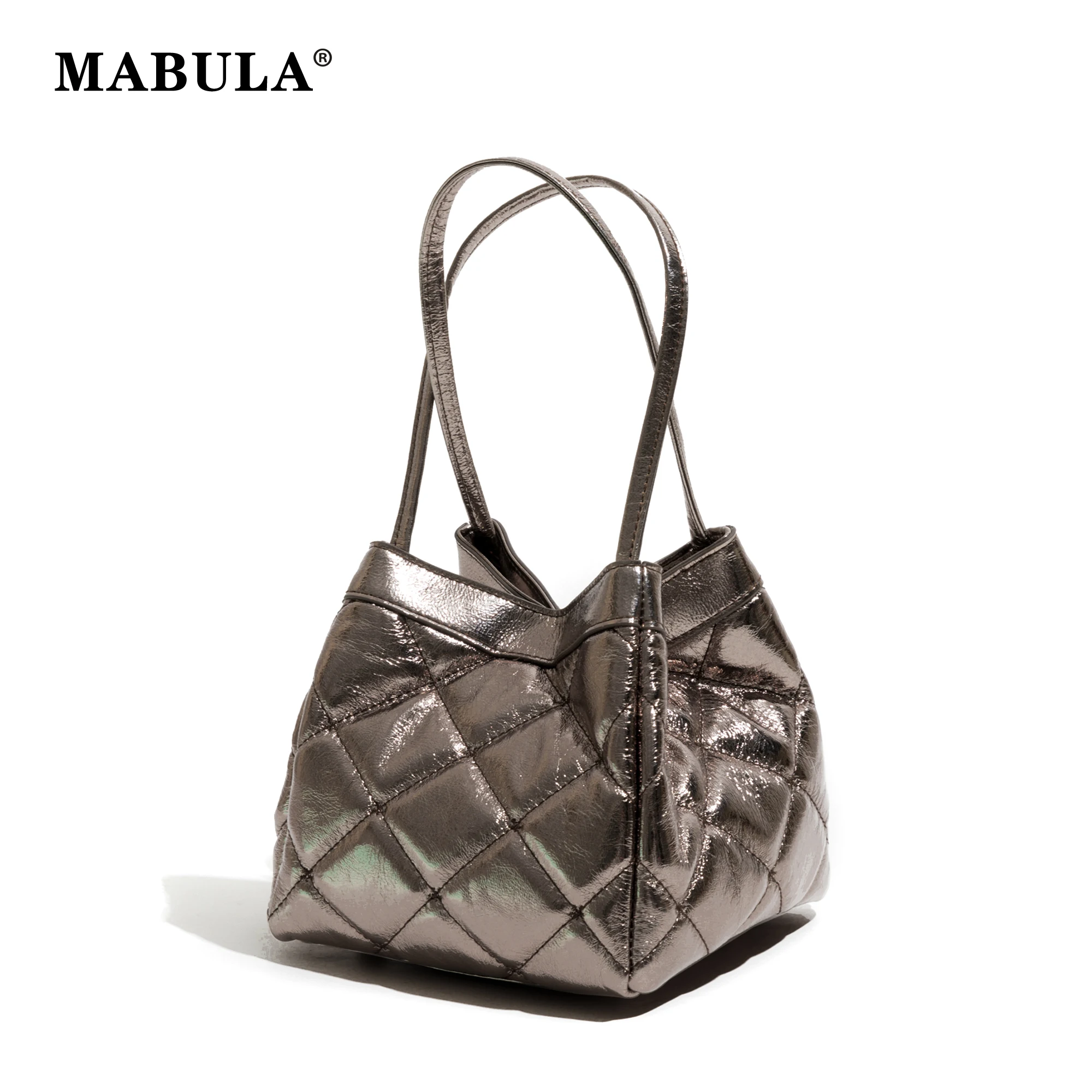 

MABULA Quilted Genuine Leather Ladies Tote Basket Purse Trend Vintage Bucket Satchel Handbag Small Crossbody Phone Bag