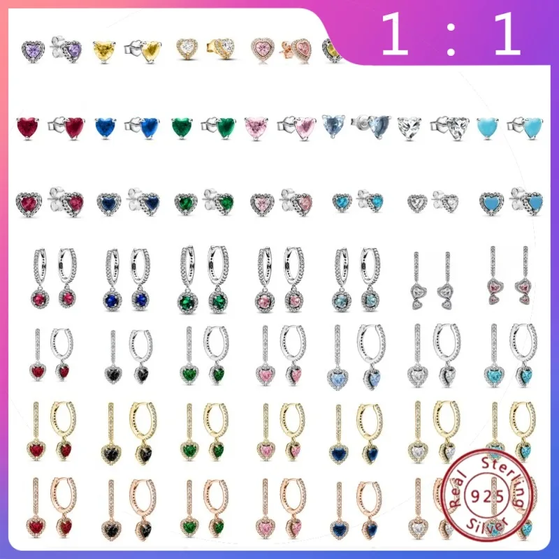 Nuevos Pendientes de Plata 925 con Circonita de Cristal – Forma de Corazón Brillante en Rosa y Rojo