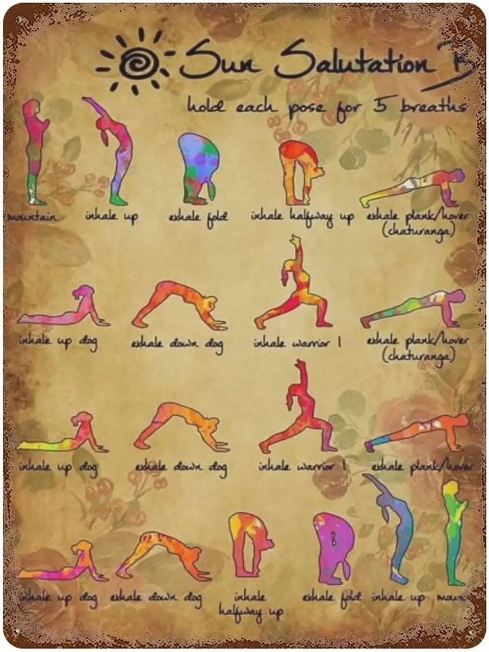 Sun Salutation Vintage Yoga Art Metal Tin Sign Home Decor Yoga Lovers Metal Poster Plaque For Home Kitchen Office Coffee Bar Yog