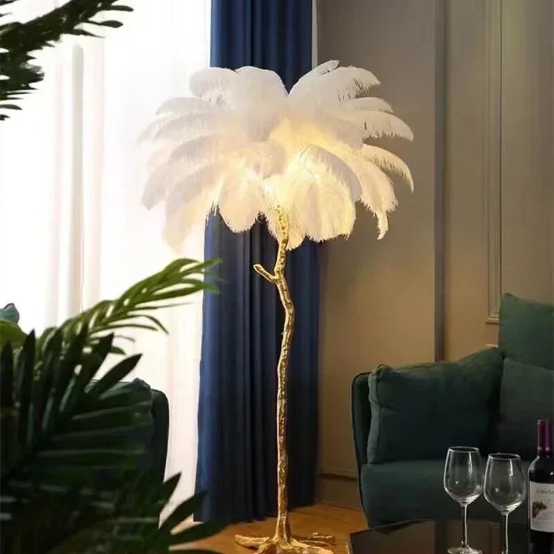 Nordic LED-vloerlamp voor woonkamer Moderne hars Luxe Struisvogelveren Vloerlampen Slaapkamer Bank Hoek Indoor Staande Lichten