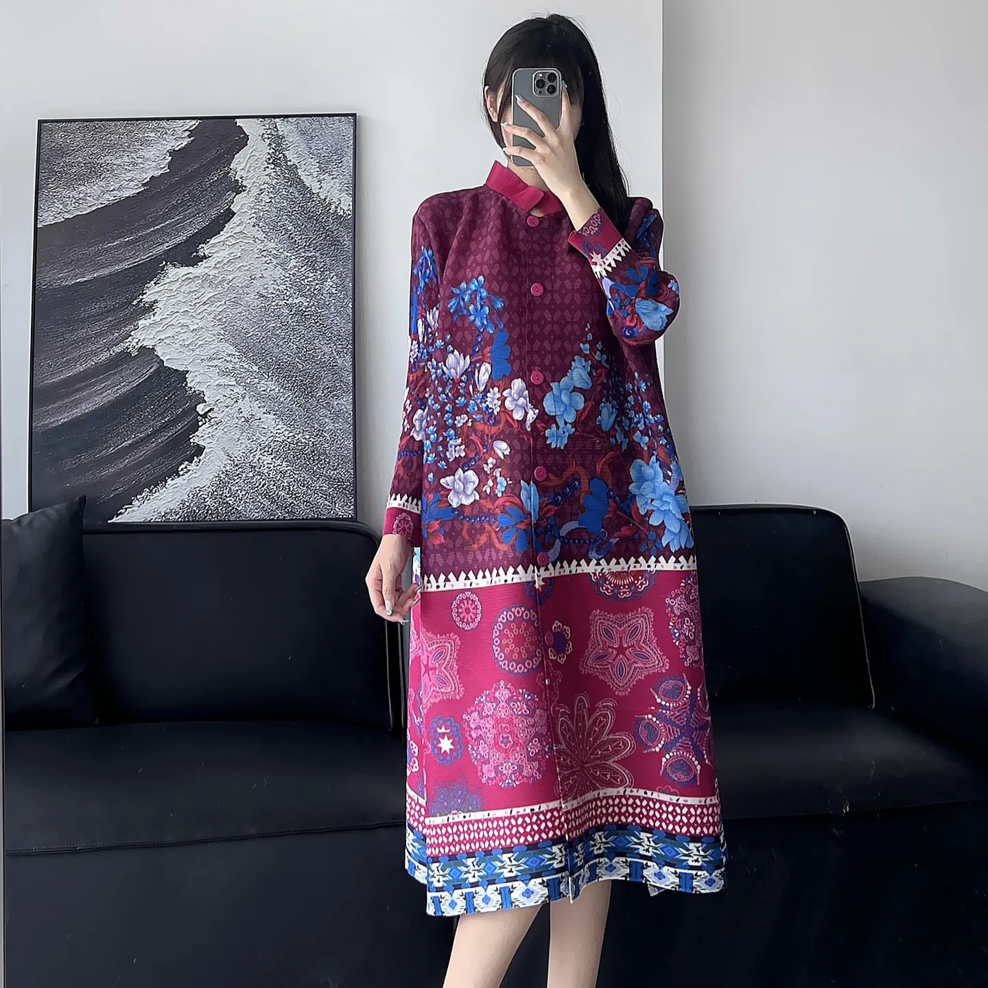 Vintage Classic Floral Print Pleated Long Sleeve Dress Fashion Women's Dress Temperament Single Breasted Skirt 2024 Summer New