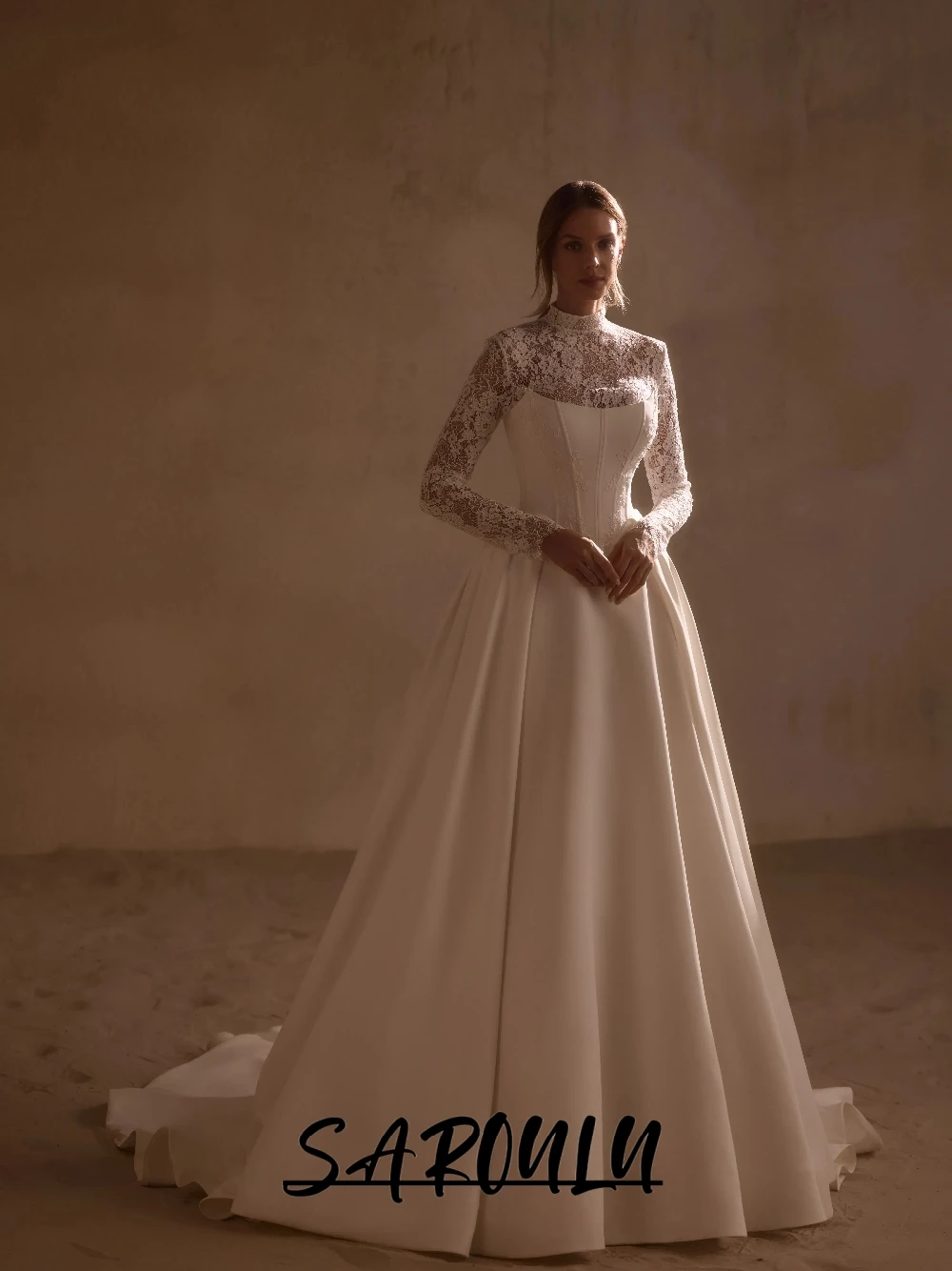 

SAROULU Modest Lace Long Sleeved Wedding Dress Elegant A Line Corset Glamorous Bridal Gown Customized Beautiful Bride Wear