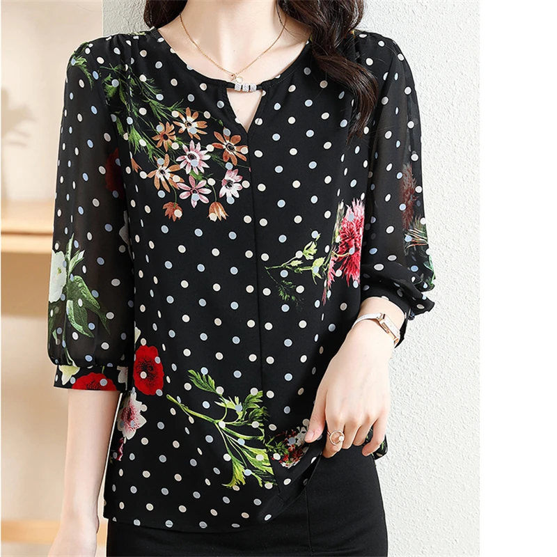 Women Korean Fashion Floral Dot Print Hollow Blouses Elegant Chic Rhinestone Chiffon Shirts Casual 3/4 Sleeve Loose Tops Female