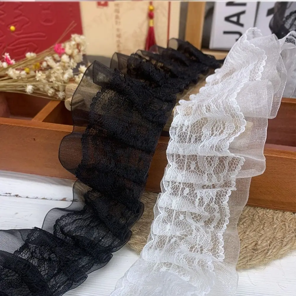 New 5CM Wide Pleated Lace Trim Double Layers White Black Lace Ruffle Splicing Cloth Fluffy Dress Pettiskirt Curtains