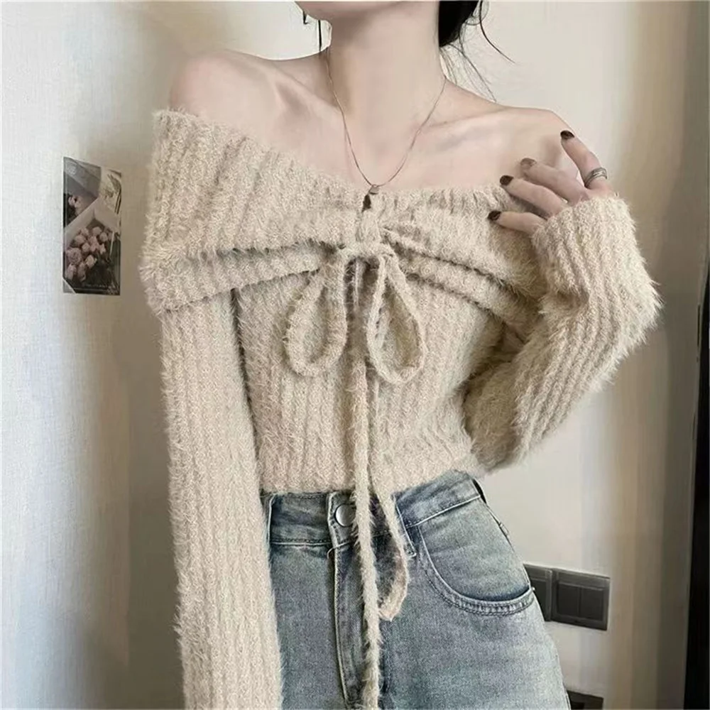 Sexy Girls' Halter Slash Neck Off Shoulder Sweater New High Quality Knitted Sweater Short Tops Spring Autumn Knitting Pullovers
