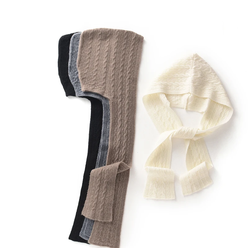 100% Cashmere Hooded Shawl with Integrated Hat Fashion Scarf for Women Solid Color Knitted Wool Neck Warmer Versatile Hat