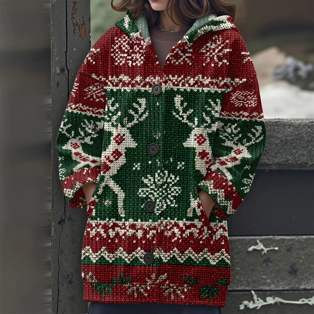 2025 New Women's Long Sleeve Hooded Sweater Casual Fashion Retro Christmas Knit Tunic Top Oversize Trend Streetwear
