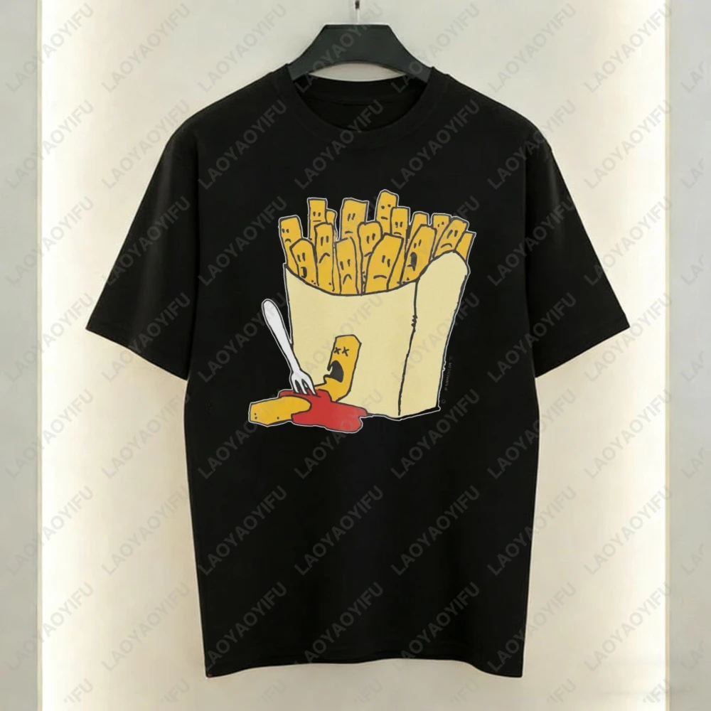Funny French Fries Cartoon T Shirt Cotton Casual Food Lover Graphic Tee Humorous Fast Food Daily Wear Comfortable Breathable Top