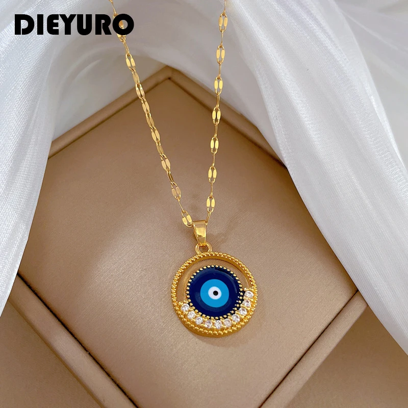 DIEYURO 316L Stainless Steel Round Blue Eyes Pendant Necklace For Women Girl New Retro Clavicle Chain Jewelry Gift Party bijoux