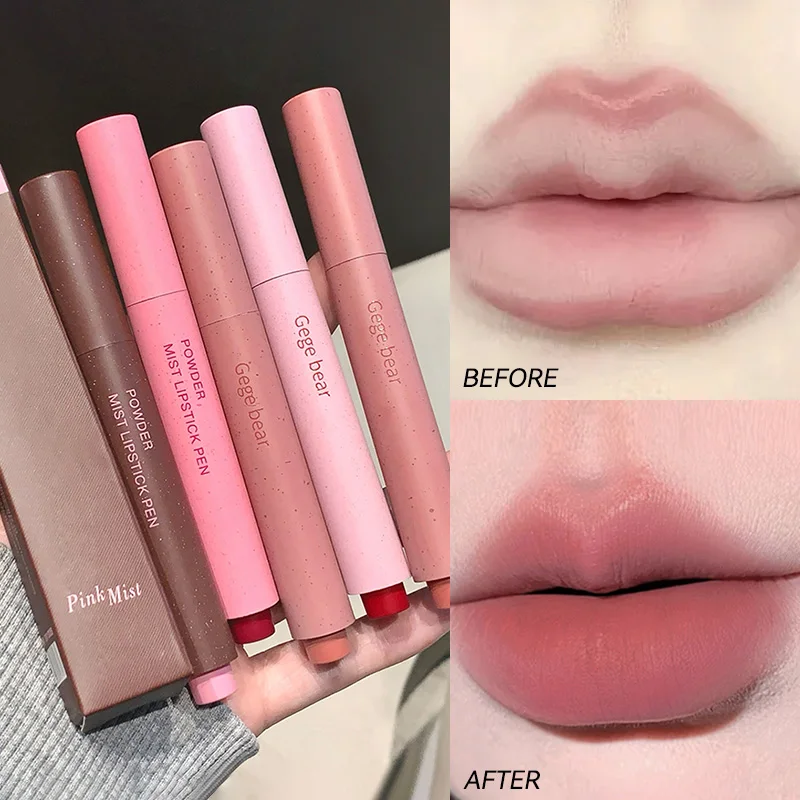 Caneta de batom em pó Gege Bear - à prova d'água, fácil deslizamento, inspiração coreana, elegância de baixa saturação