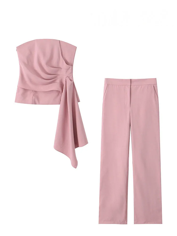 HH Women 2 Piece Set Solid Asymmetric Folds Side Zip Design Short Vest Top+Fashion Pockets High Waist Casual Wide Leg Pants