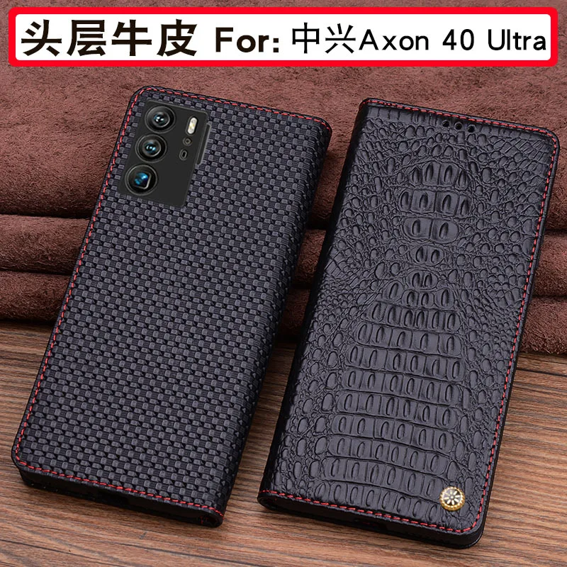 

Hot Luxury Genuine Leather Magnet Clasp Phone Cover Cases For Zte Axon 40 Ultra Kickstand Holster Case Protective Full Funda