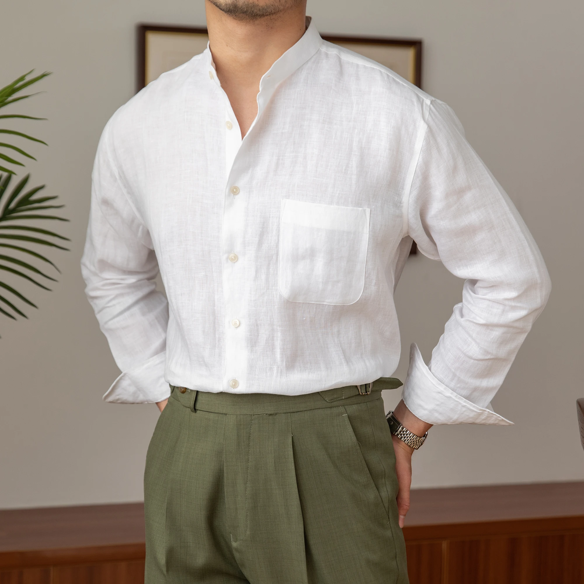 Camisa de manga larga para hombre, camisa de lino 100% puro, transpirable, ligera, informal, combina con todo, para vacaciones, viaje casero