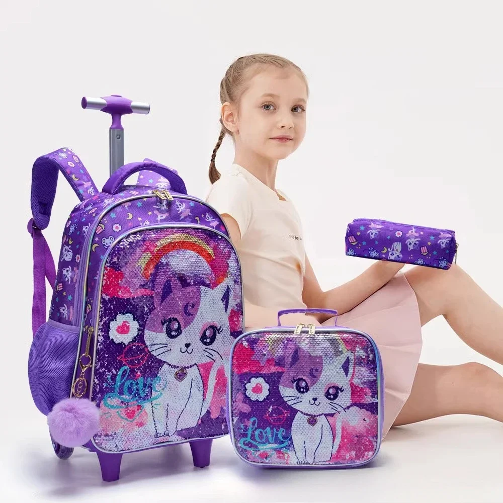 Set Rolling Backpack for Girls, Cute Cartoon Cat Sequin Wheeled Bookbag for Elementary Students, with Lunch Box and Pen Bag